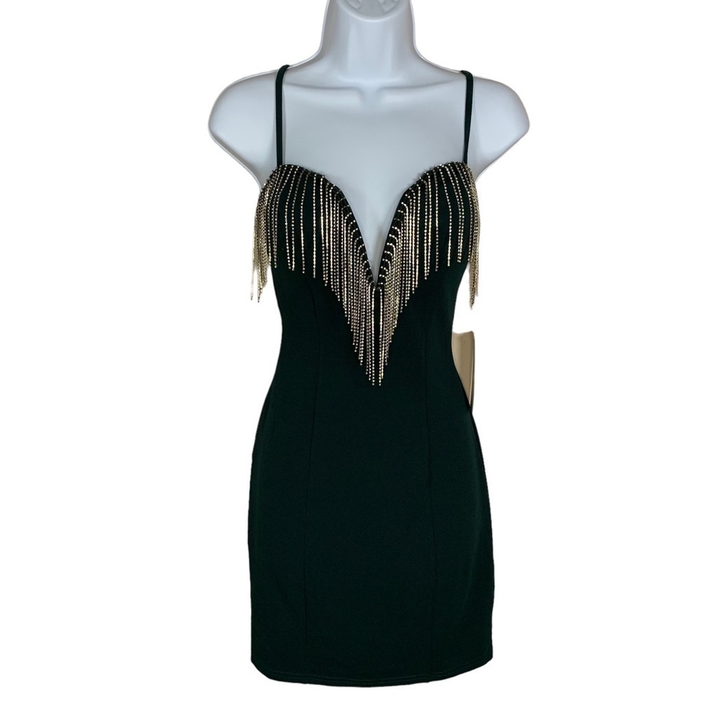NEW Blāshe Green Rhinestone Tassel Dress Cocktail Party Event Glam Stretch NWT